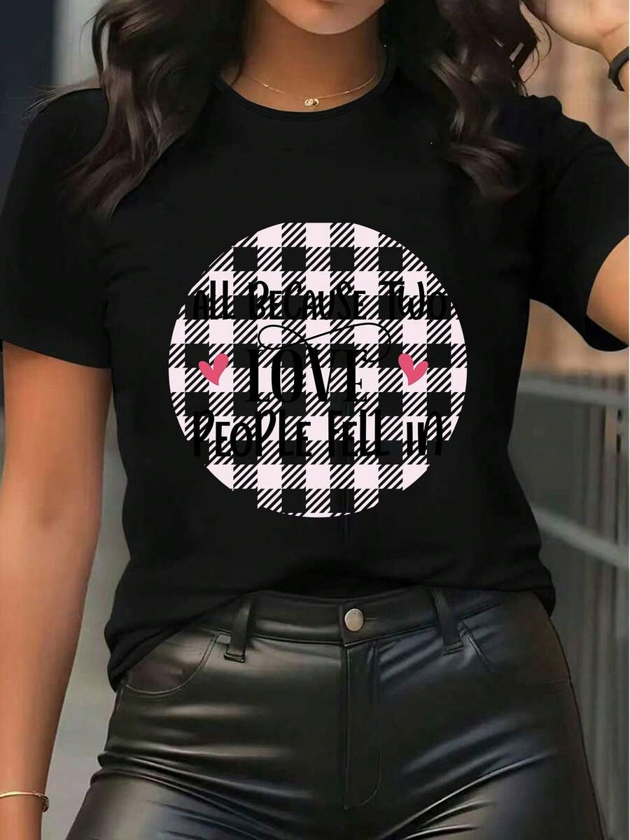 Dam T-shirt i ren bomull med kort ärm, casual sommarbas topp med kärlekscitat-tryck - Svart - Visa 1