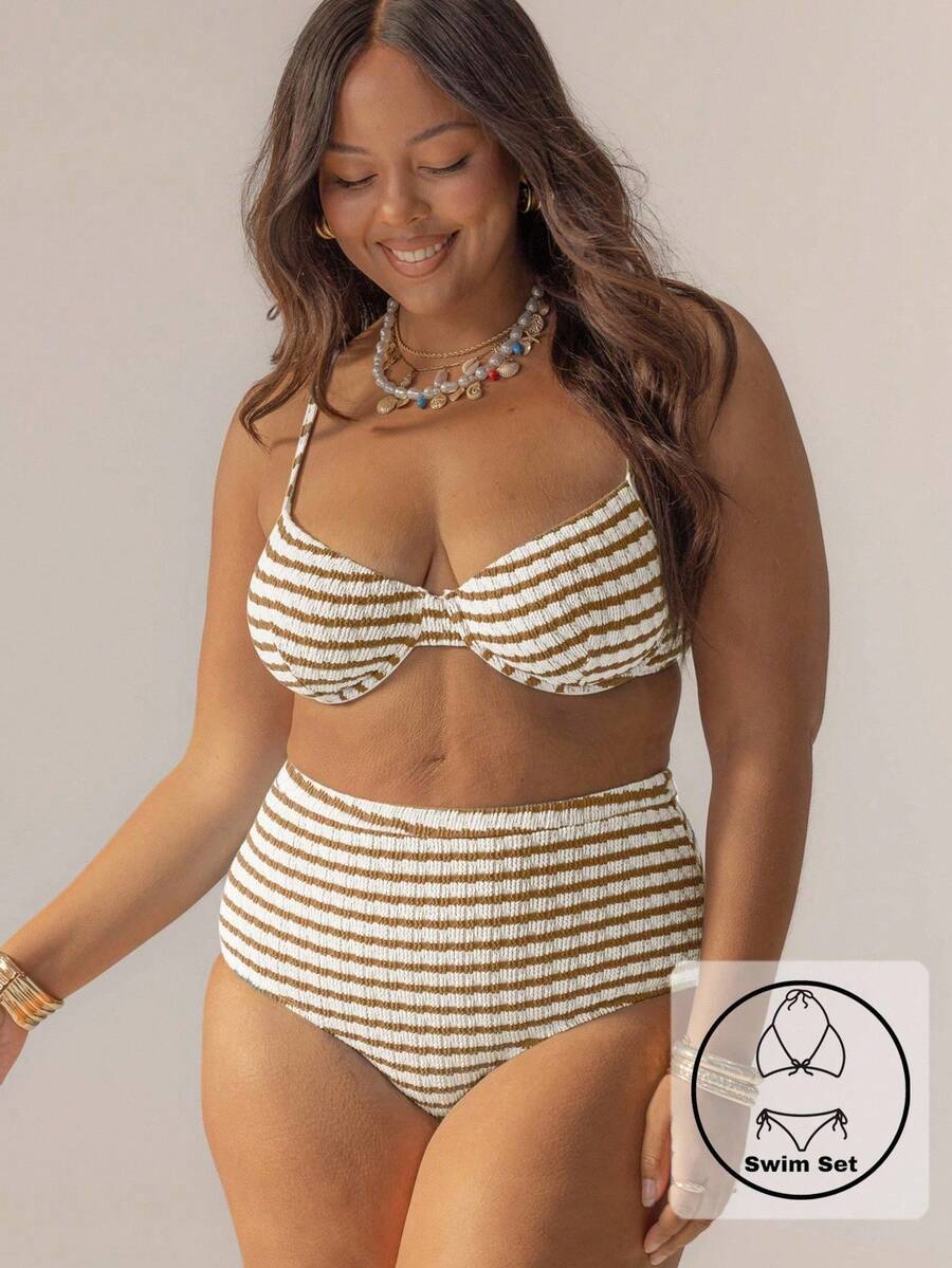 Striped High-Waisted Underwire Bikini Set With Swim Bag, Perfect For Vacations And The 4th Of July, For Summer Outfits And Beach Days - 巧克力棕 - 查看 1