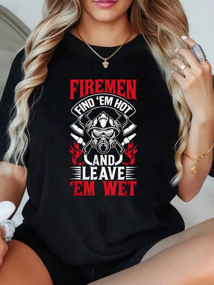 1 pieza de camiseta de bombero con estampado de bombero y otros regalos interesantes, camiseta de talla grande para mujer, camiseta gráfica de manga corta de 220g, novedosa, 100% poliéster, - Negro - Ver 1