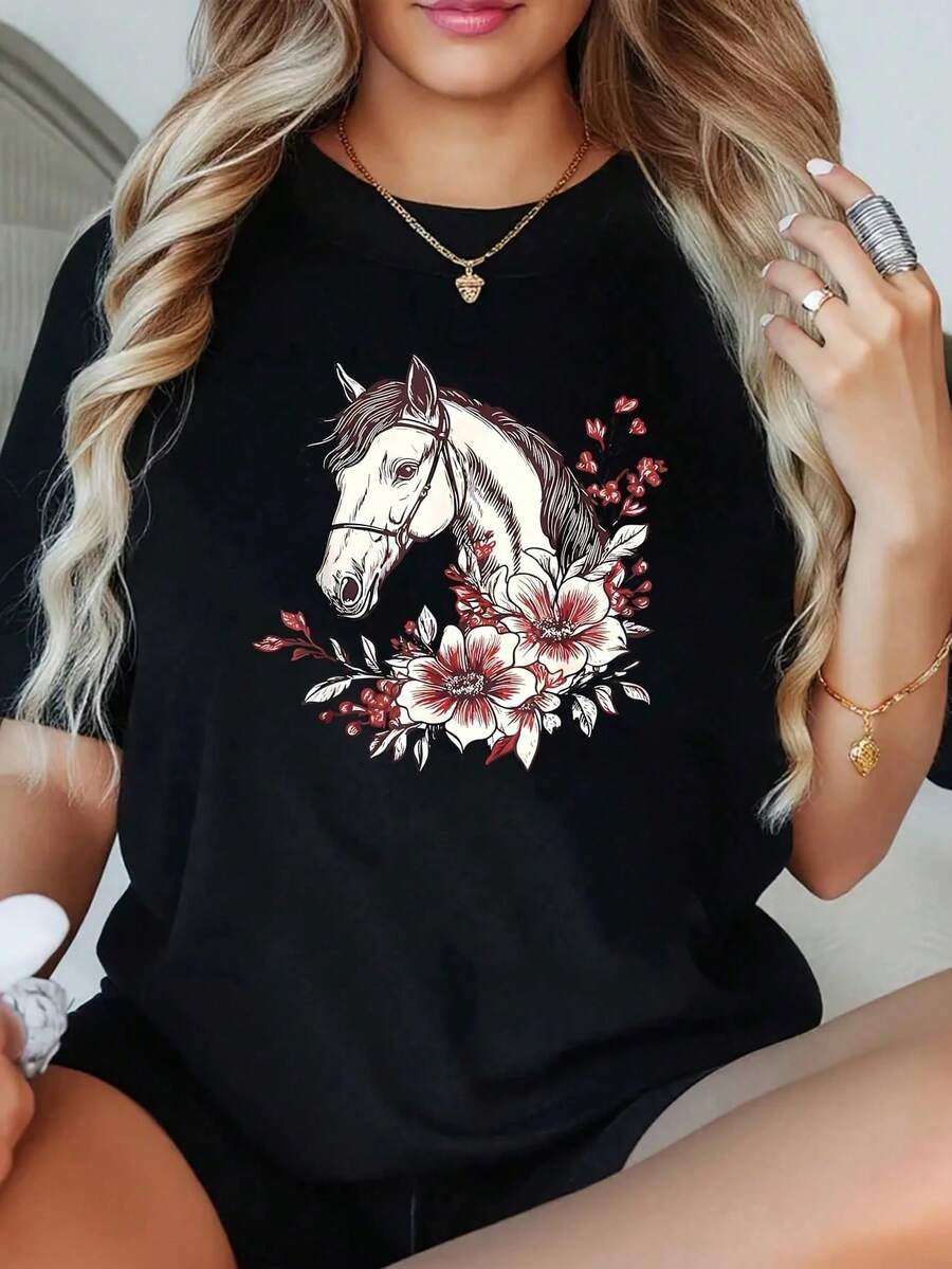 1 Women's Plus Size T-Shirt With Horse And Flower Design And Woman Riding A Horse, Oversized Graphic Short Sleeve T-Shirt, 220g, Novelty, 100% Polyester, Casual T-Shirt - 黑色 - 查看 1
