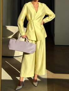 Women's Solid Color Elegant Tie-Neck Long Sleeve Top And Solid Color Long Pants Minimalist Casual 2 Pieces Set Yellow - Yellow - View 3