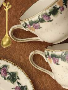 French Retro Grape Vine Embossed Ceramic Cup And Saucer Set, Shallow Embossed Craftsmanship, Unique Pattern Design, Coffee Cup And Saucer, Afternoon Tea Cup And Saucer, Beverage Cup, Latte Cup, Snack Plate, Suitable For Daily Use, Home, Restaurant, Cafe, Suitable As A Gift - Multicolor - View 12