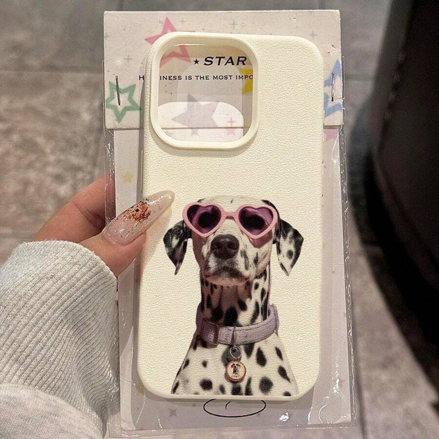 1pc TPU Material Pink Mirror Spotted Cool Dog Pattern Phone Case Compatible With IPhone 17 Pro Max/17/16 Pro Max/15/13/12/11/ S20 FE/A15/S24/A55/ Note 11/Note 12/Note 13 Pro Full Coverage Shockproof Soft Protective Shell - White - View 1