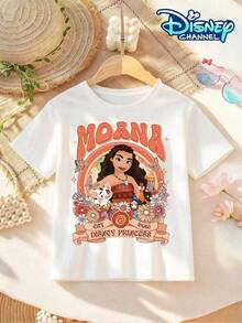 Disney Licensed Moana Princess Set Kids Cotton T-Shirt, Boys Girls, Birthday Party Photo Tee, Summer Casual Wear, Daily Vacation Outdoor, Kids Gift. - White - View 2
