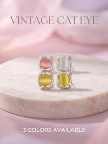 Oval Cat's Eye Silver Trim Stud Earrings Multi-Color Optional Soft Square Edge Polished Alloy Daily Commute Dating Jewelry - Rounded Square - View 1