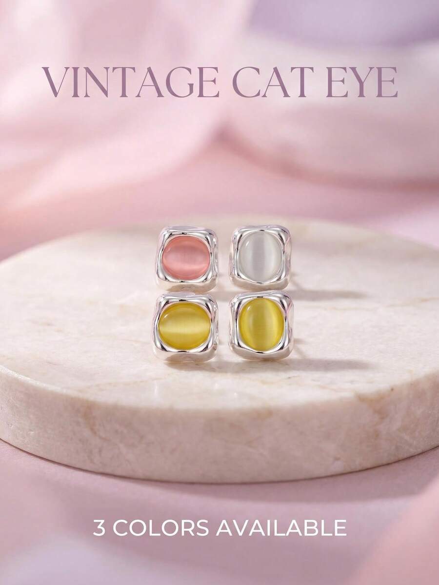 Oval Cat's Eye Silver Trim Stud Earrings Multi-Color Optional Soft Square Edge Polished Alloy Daily Commute Dating Jewelry - Rounded Square - View 1
