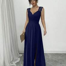 Vestido caqui de línea A con cuello en V, con volantes, cintura fruncida, sin mangas y falda con abertura, de estilo francés elegante con encaje, apropiado para uso diario - verde menta - Ver 6