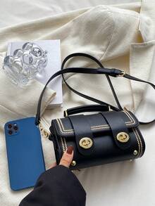 Mini Stitch Detail Twist Lock Flap Square Bag - Black - View 3