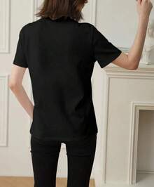 Women's Short Sleeve Crew Neck T-Shirt With "Birthday Queen" Letter Print - Semi-Sheer Casual Top, Perfect For Parties And Everyday Wear. - 黑色 - 查看 2