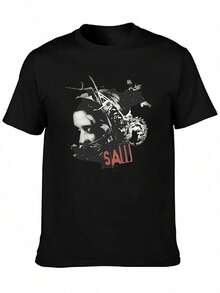 Camiseta de Terror SAW con Diseño de Tortura de Cabeza, para Hombre y Mujer, de Algodón, Estilo Vintage, Cuello Redondo, Tops de Terror Harajuku - Negro - Ver 1