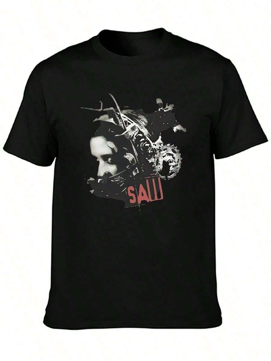 Camiseta de Terror SAW con Diseño de Tortura de Cabeza, para Hombre y Mujer, de Algodón, Estilo Vintage, Cuello Redondo, Tops de Terror Harajuku - Negro - Ver 1