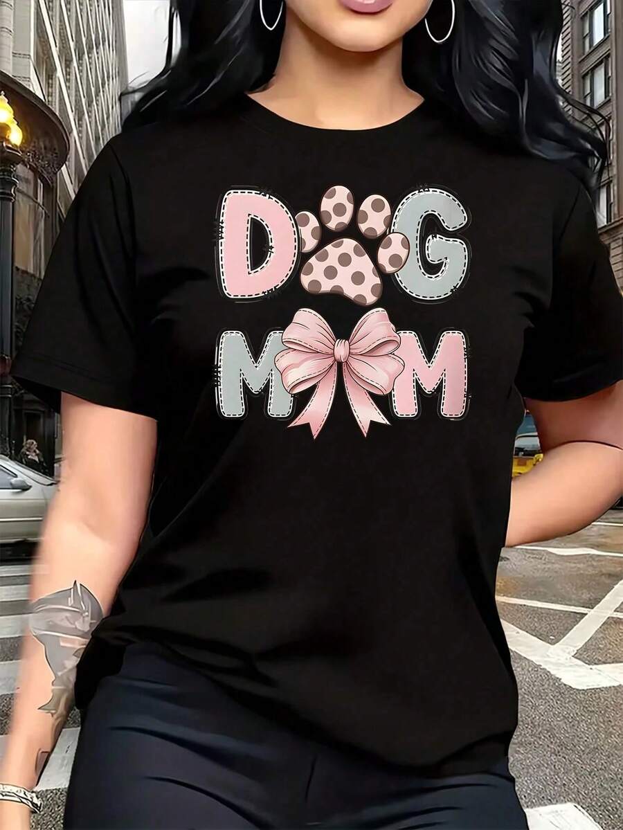 Camiseta de Mujer Talla Grande con Gráfico Divertido de Mamá de Perro, Puntos Rosados, Colores Pastel, Letras Bordadas, Lazo Rosa y Huella de Pata, 1 Pieza, Camiseta Gráfica Oversize de Mang - Negro - Ver 1