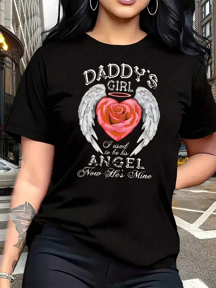 Women's Plus Size T-Shirt With "DADDY'S ANGEL" Letter Print, Red Heart And Wings Design, Fun, Graphic, Short Sleeve, Novelty, 100% Cotton, Casual Crew Neck, 220g - 黑色 - 查看 1
