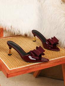 Sandal Hak Tinggi Ujung Lancip dengan Hiasan Pita untuk Wanita, Sepatu Hak Tebal Serbaguna dengan Tali Belakang, Cocok untuk Pernikahan dan Kencan, Sandal Hak Tinggi Ujung Lancip dengan Tali Belakang untuk Wanita, Gaya Serbaguna untuk Pernikahan dan Kencan - Burgundy - View 4