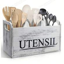 [Estante de almacenamiento de encimera] 1 pieza Estante de utensilios de cocina de madera rústica - Estante de almacenamiento de 3 compartimentos para herramientas y utensilios de cocina, blanco antiguo, con etiqueta "UTENSIL", sin necesidad de electricidad, diseño rectangular - Multicolor - Ver 3