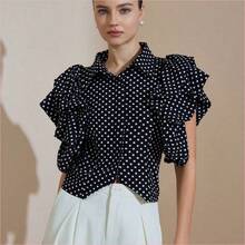 WNS  Blusa elegante de mujer de alta gama con estampado de lunares retro francés y mangas de pétalos - Rojo - Ver 7