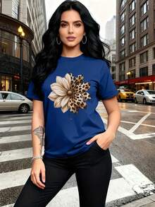 Camiseta mujer cuello redondo manga corta, moderno estampado floral con detalles de leopardo. Prenda versátil, ideal para ocio y uso diario. - Azul - Ver 1