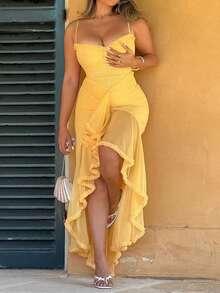 Vestido largo sin mangas con tirantes, estilo europeo alto nivel elegante moda verano ideal para mujer fiesta casual - Amarillo - Ver 3