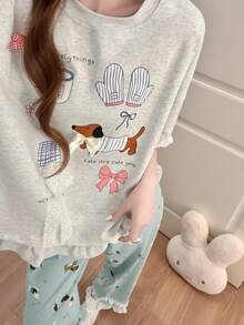 2件組女款睡衣家居服套裝，可愛小狗印花蕾絲蝴蝶結裝飾套頭短袖上衣，動物印花短版長褲，時尚款，適合春、夏、秋季 - 彩色 - 查看 10