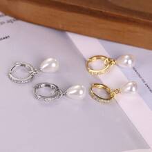 1 Pair Teardrop Pearl Drop Earrings, Cubic Zirconia Inlaid Hoop Design, Gold/Silver Tone, Elegant Daily Wear Jewelry For Women - Pearl Earrings - View 4