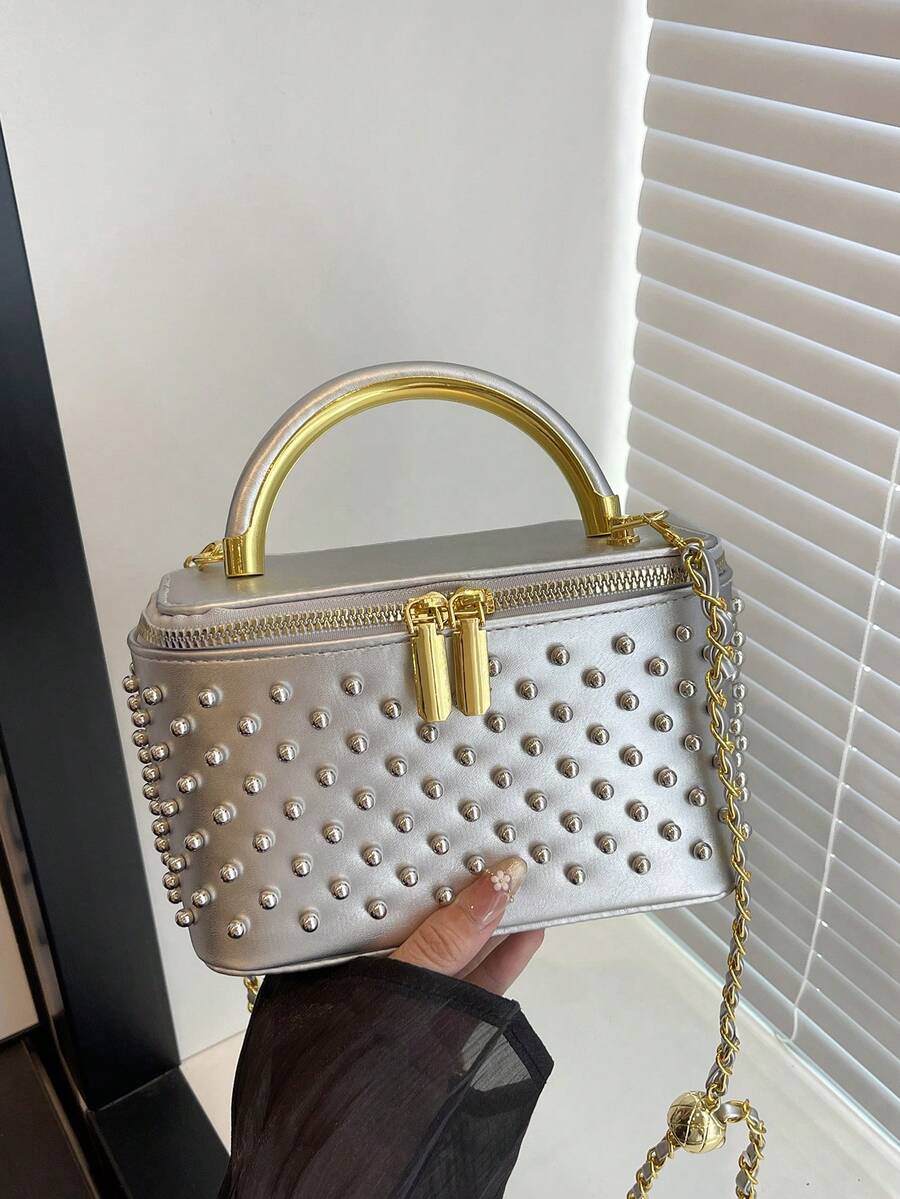 Vintage Pearl Box Bag For Women, New Chain Makeup Bag, Niche Handbag - Silver - View 1