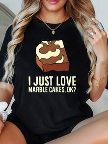 1 Piece Women's Plus Size High Quality T-Shirt With 'I Just Love Marble Cake Okay' Print, Oversized Graphic Short Sleeve T-Shirt 220g, Novelty, 100% Polyester, T-Shirt - 黑色 - 查看 1