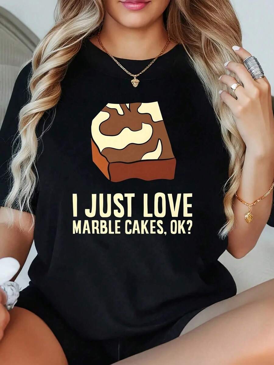 1 Piece Women's Plus Size High Quality T-Shirt With 'I Just Love Marble Cake Okay' Print, Oversized Graphic Short Sleeve T-Shirt 220g, Novelty, 100% Polyester, T-Shirt - 黑色 - 查看 1