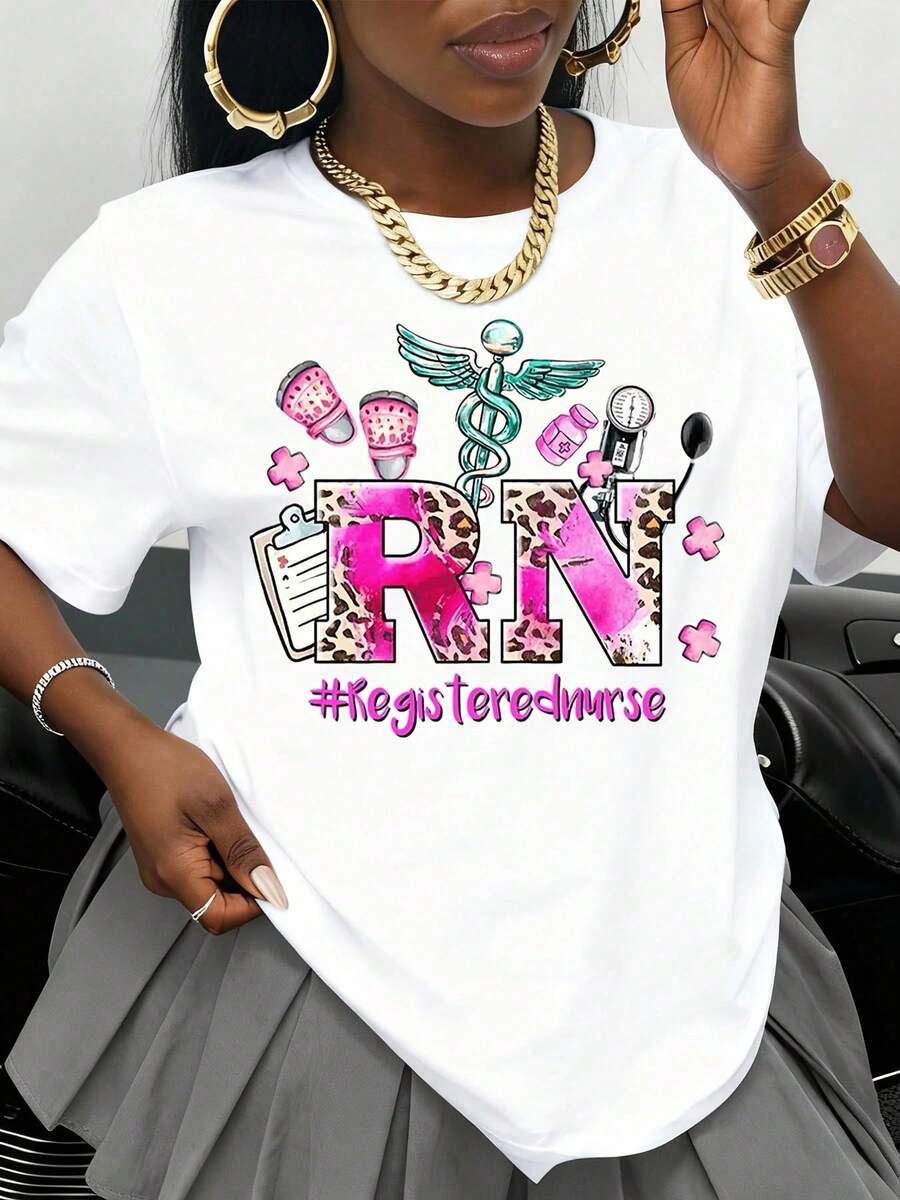 Camiseta de Enfermera Registrada (RN) para Enfermeras con Caduceo y Símbolos Médicos, Diseño de Estampado de Leopardo Rosa, Regalo para Trabajadores de la Salud, Prenda de Orgullo para la Pr - Blanco - Ver 1