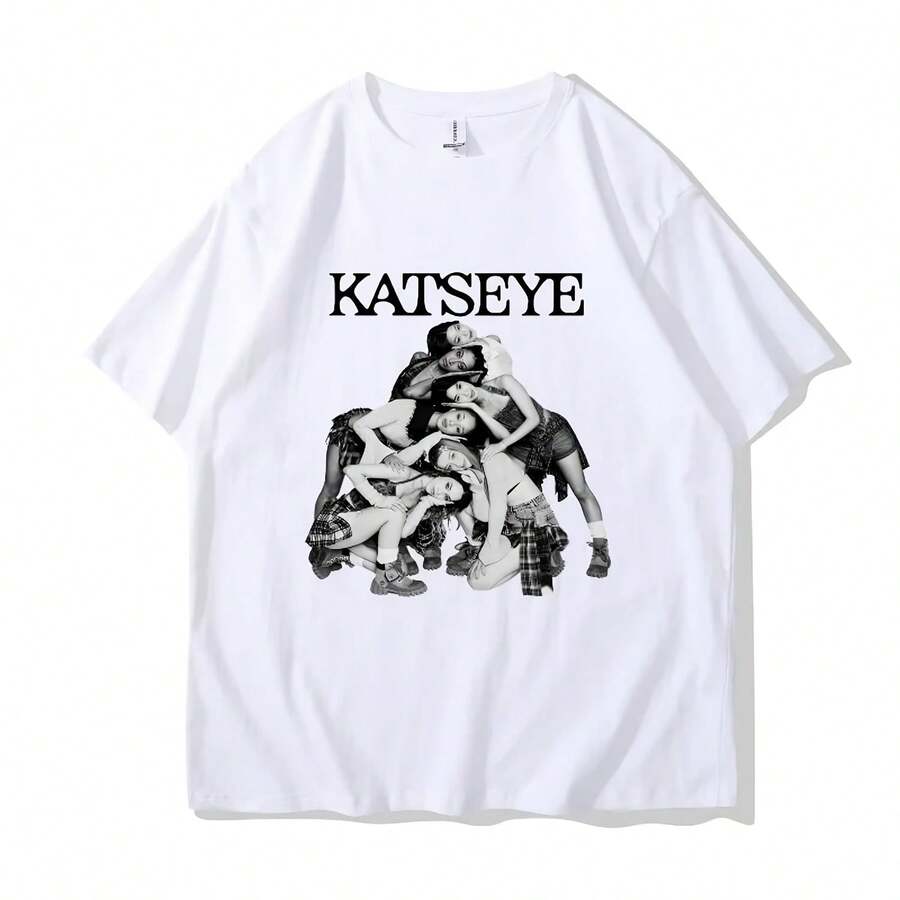 Gril Group KATSEYE Print T-Shirt, Vintage T-Shirt For Men And Women, Short Sleeve T-Shirt With Fashionable Katseye Print, Streetwear - 彩色 - 查看 1