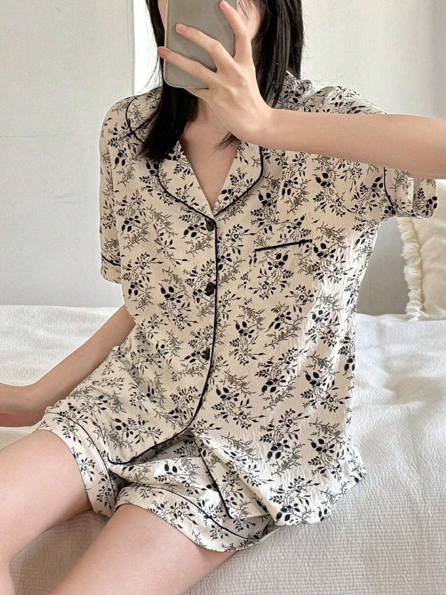 2件套女士碎花休闲翻领短袖睡衣,藏蓝色家居服 - 藏蓝色 - 查看 1