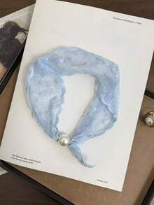 1pc New Solid Color Small Floral Print Wavy Edge Silk Scarf With Pearl Magnetic Buckle - Multicolor - View 5