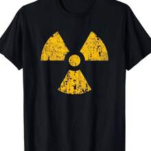Camiseta Vintage con Símbolo Radioactivo para Halloween, 220g, Manga Corta, Cuello Redondo, Negra con Patrón Amarillo, Ropa Casual - Multicolor - Ver 1