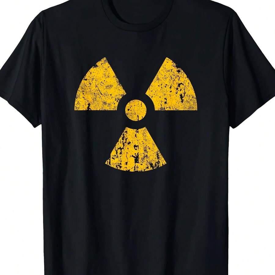 Camiseta Vintage con Símbolo Radioactivo para Halloween, 220g, Manga Corta, Cuello Redondo, Negra con Patrón Amarillo, Ropa Casual - Multicolor - Ver 1