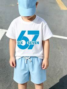 2pcs/Set Young Boy Numeric Print Short Sleeve T-Shirt And Shorts Casual Outfit - White - View 1