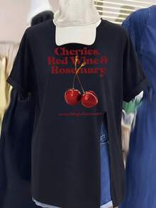 Korean Style INS Cherry Print T-Shirt Women's White Side Slit Loose Casual Versatile Top American Vintage Cherries Letter Cherry T-Shirt Side Black - Black - View 4