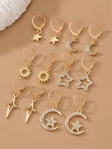 Juego de 6 piezas/Set de pendientes con colgante de estrella y luna de strass para niñas, adecuado para decoración diaria - Dorado - Ver 3