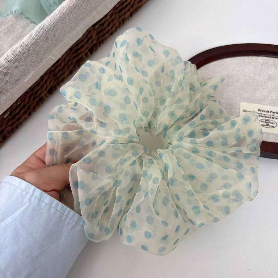 1件白色與藍色波點透視網紗大腸圈髮圈,女性彈性髮帶,Coquette風格,適用日常/辦公/度假馬尾髮圈橡皮筋 - 彩色 - 查看 1