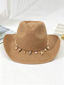 1pc Unisex Fashionable Straw Hat, Suitable For Outdoor Beach Sun Protection, Spring/Summer British Cowboy Hat, Wide Brim Design, Decorated With Starfish, Foldable Pancho Hat, Suitable For Daily Use Outdoor Gift. - Gold Chain Beach Straw Hat - View 8