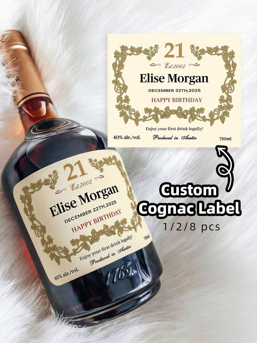 1/2/8pcs Customized Cognac Brandy Bottle Label Stickers, Personalized Custom Stickers For Men And Women Friends, Suitable For Birthday Party, Customizable Wine Bottle Labels, Ideal Gift For Friends, Perfect For Wedding - Multicolor - View 1