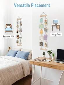 1 Set Wooden Photo Wall Hanging Rack, Includes Hanging Rope And Clips; Multi-Photo Display Rack; No Drilling Required; Space-Saving; Suitable For Dorm, Bedroom, Desk And Wall Decoration - A - View 5