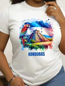 Camiseta de Cuello Redondo con Estampado Gráfico de Honduras| Tela con diseño de anime de estilo 100% casual, manga corta, longitud regular, adecuada para todas las estaciones. - Blanco - Ver 1
