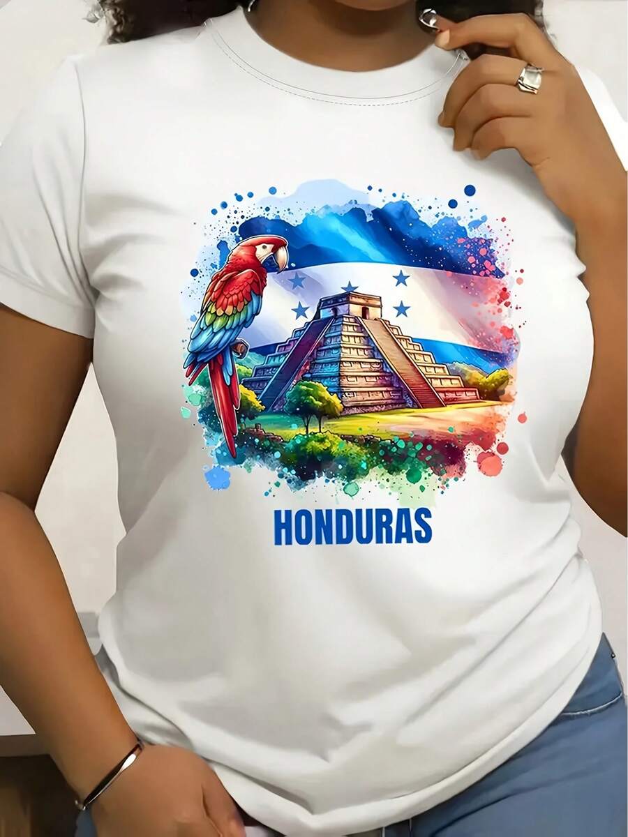 Camiseta de Cuello Redondo con Estampado Gráfico de Honduras| Tela con diseño de anime de estilo 100% casual, manga corta, longitud regular, adecuada para todas las estaciones. - Blanco - Ver 1