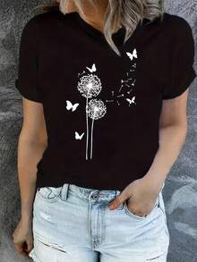 T-shirt vintage con stampa grafica, casual a maniche corte e girocollo, ideale per l'estate e la primavera, abbigliamento donna, top estivi - nero - Visualizzare 1