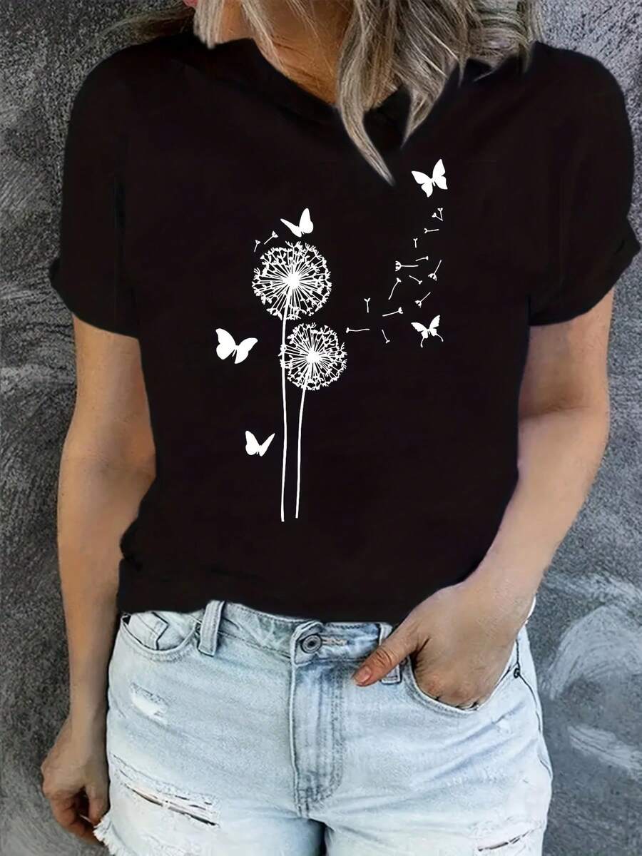 T-shirt vintage con stampa grafica, casual a maniche corte e girocollo, ideale per l'estate e la primavera, abbigliamento donna, top estivi - nero - Visualizzare 1