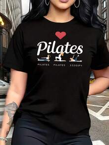 Women's Plus Size Yoga T-Shirt, 1 Piece, Fun Graphic Print, Short Sleeve, Novelty, 100% Cotton, Crew Neck, Casual, 220g - 黑色 - 查看 1