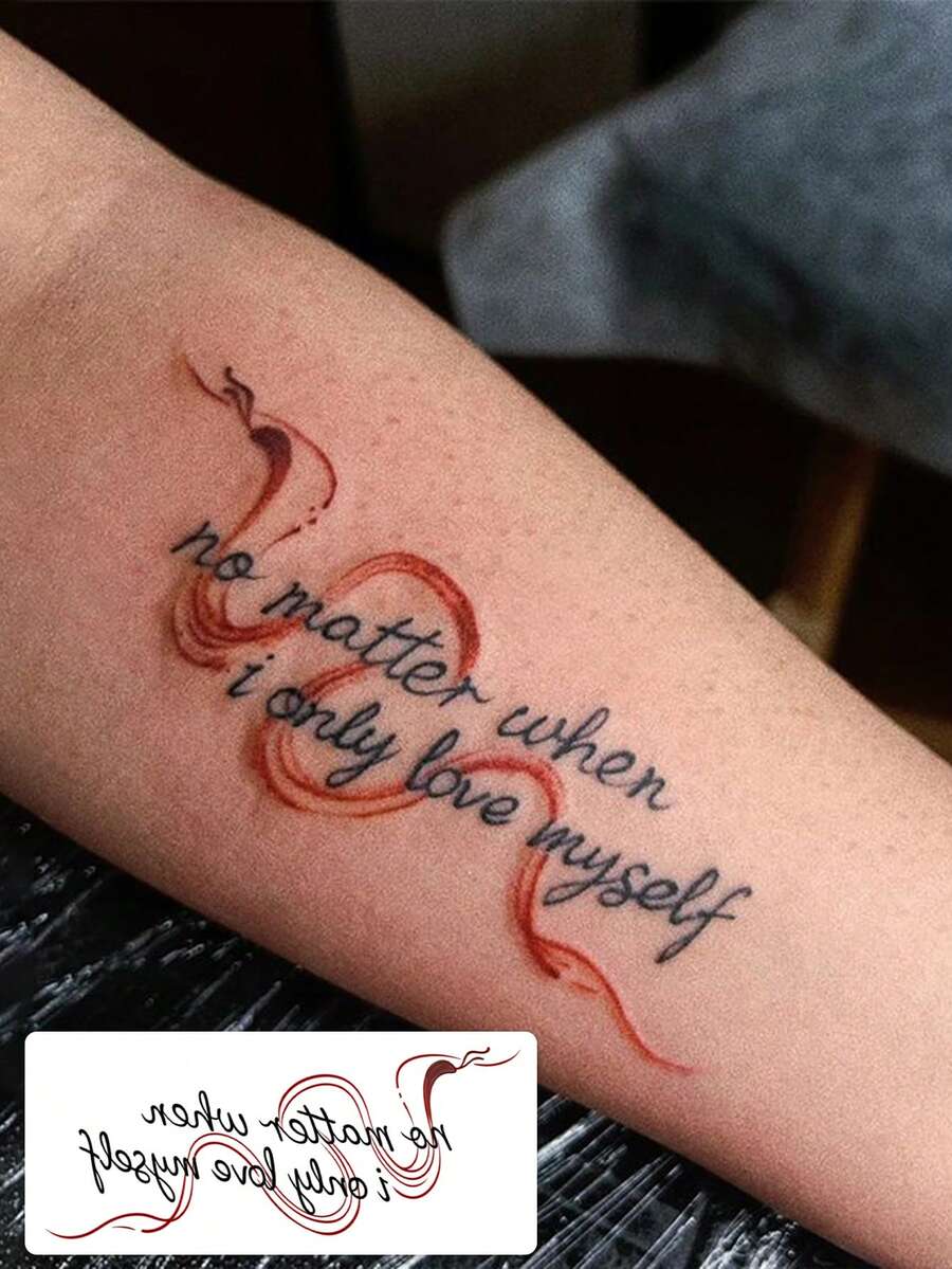 1 Pc Self-Love Quote Temporary Tattoo, Waterproof Long Lasting Fake Tattoo, Inspirational Cursive Body Art For Arms & Body - Multicolor - View 1