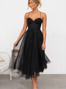 Women's Elegant European-Style Sheer Mesh Dress With Straps, Perfect For Dinner Parties, A New Fashion , And A Stylish, Feminine Casual Dress. - 黑色 - 查看 4