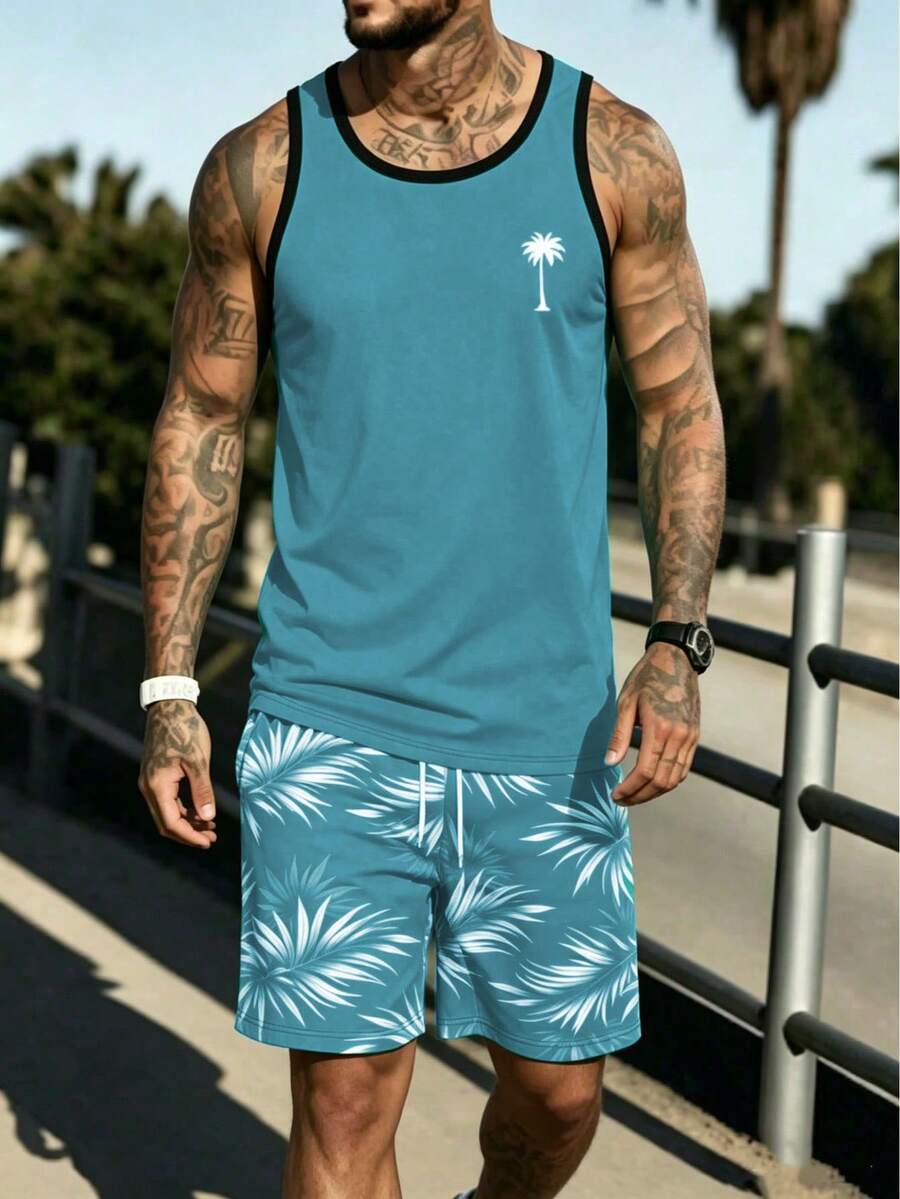 Men's Sleeveless Tank Top And Shorts Set - Mint Green - View 1