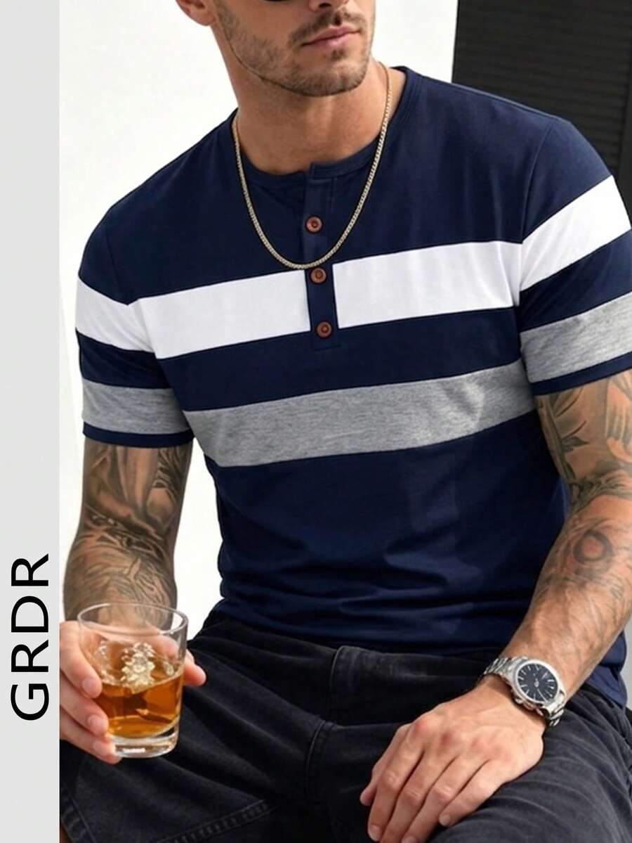GRDR 1pc Summer New Contrast Color Business Casual Round Neck Men's T-Shirt - Navy Blue - View 1