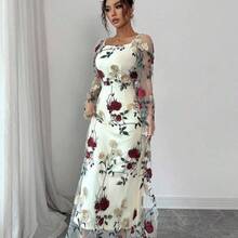 Vestido elegante con cuello cuadrado y transparente, con bordado floral, adecuado para reuniones y ocasiones formales, ropa de resort para primavera/verano (bordado aleatorio) - azul real - Ver 8